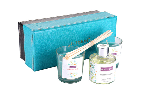 Reed Diffuser Gift set with 2 Glass Candles,Glass Pot,Reed Sticks & Oil Long Lasting Scent for for Home Office (Fresh Floral Fragrance)