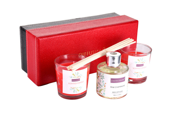 Reed Diffuser Gift set with 2 Glass Candles,Glass Pot,Reed Sticks & Oil Long Lasting Scent for for Home Office (Fruity Herbicious Fragrance)