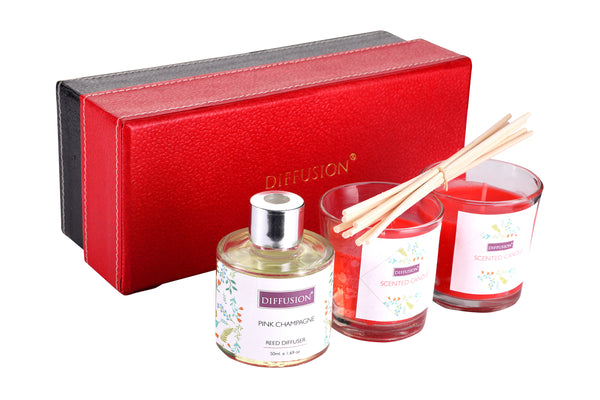 Reed Diffuser Gift set with 2 Glass Candles,Glass Pot,Reed Sticks & Oil Long Lasting Scent for for Home Office (Fruity Herbicious Fragrance)