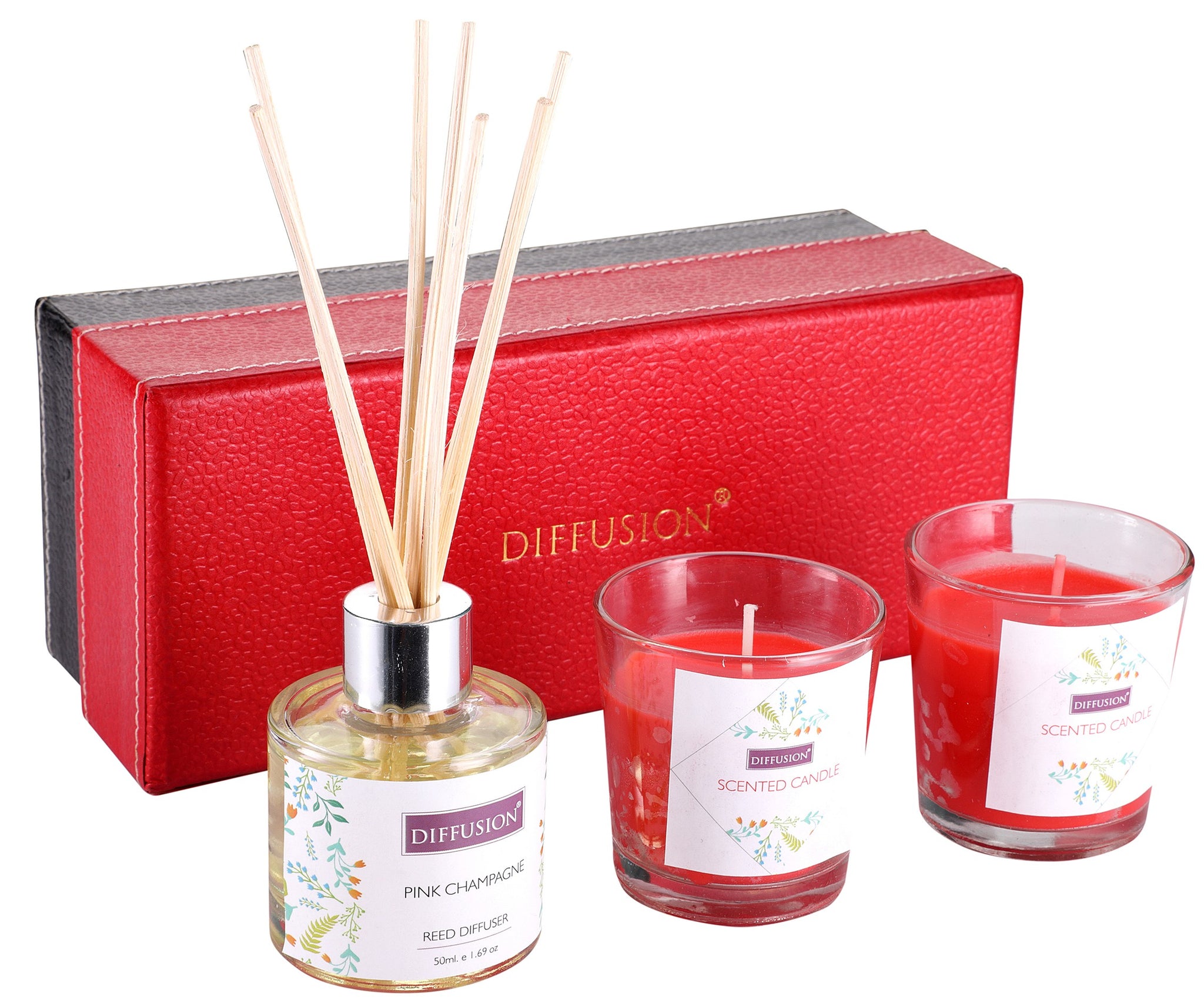 Reed Diffuser Gift set with 2 Glass Candles,Glass Pot,Reed Sticks & Oil Long Lasting Scent for for Home Office (Fruity Herbicious Fragrance)