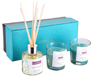 Reed Diffuser Gift set with 2 Glass Candles,Glass Pot,Reed Sticks & Oil Long Lasting Scent for for Home Office (Fresh Floral Fragrance)